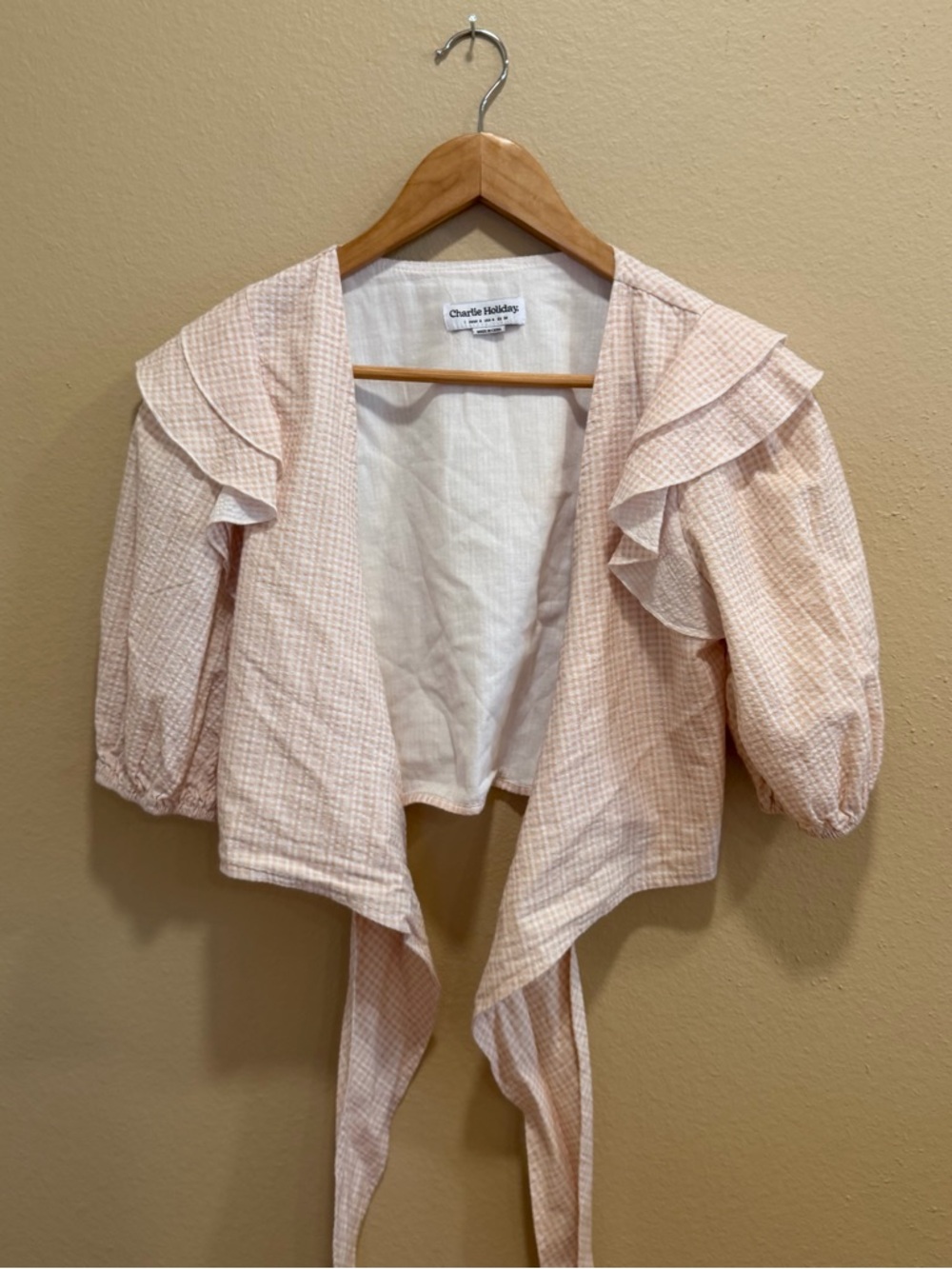 Anthropologie Charlie Holiday Gingham Tie-Front Puff Sleeve Crop Top in Beige S - Picture 11 of 11